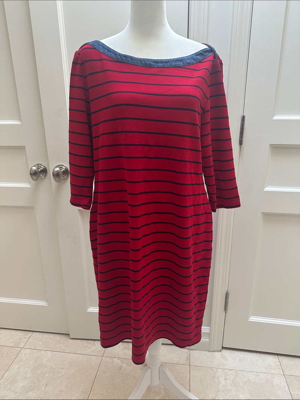 Tommy Hilfiger Red and Navy Striped Boatneck Knee Length Dress